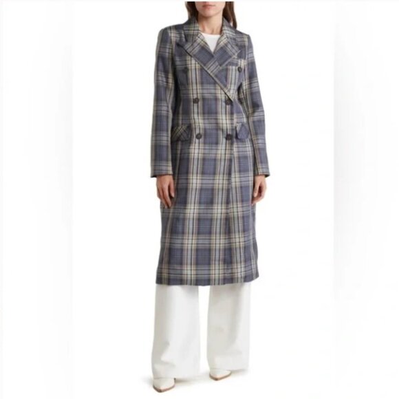Avec Les Filles Jackets & Blazers - AVEC LES FILLES Double Breasted Plaid Duster Trench Coat In Blue/ Peach Plaid